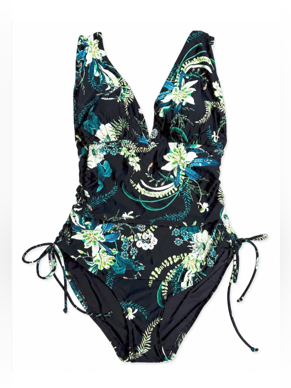 NWT SOMA BLACK TROPICAL TWIST BLACK FLORAL V-NECK FLORAL ONE PIECE SWIMSUIT 14